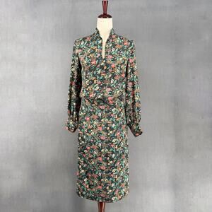 Vintage Addenda Polyester Floral Skirt Blouse Matching Set Womens 8/10 Green